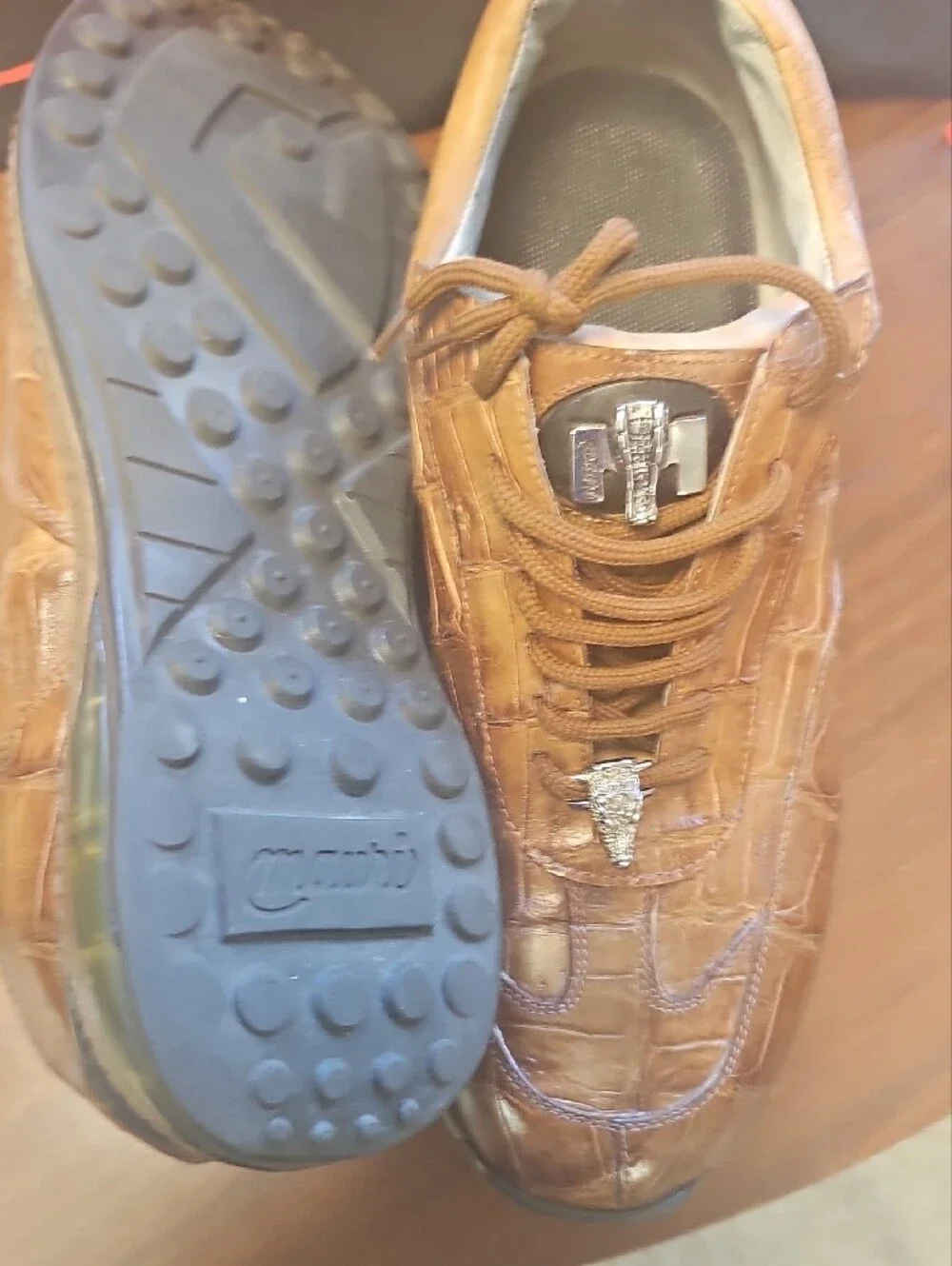 Mauri Swamp 8690 Men's Tan Baby Croc And Calfskin Leather Luxury Lace-Up Sneaker
